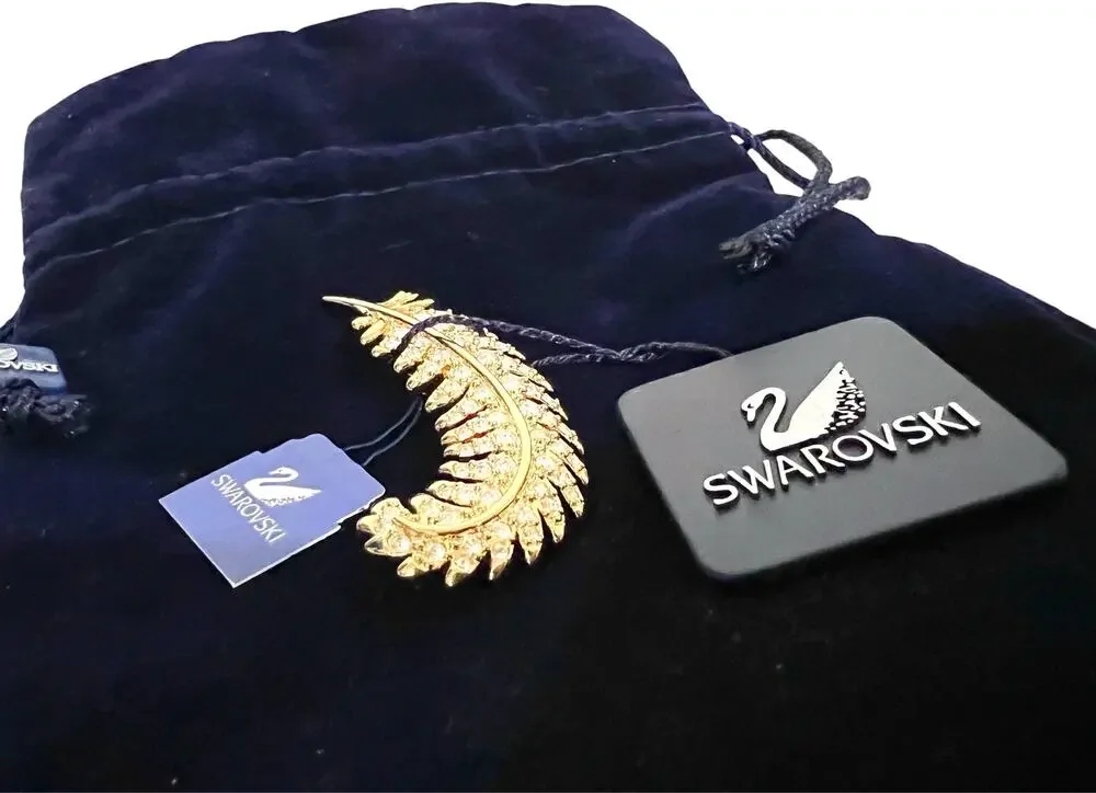 NEW Swarovski Feather Clear Crystal Gold Tone Swan Stamped Elegant Brooch w/ Bag